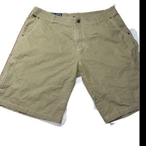 KUHL tan hiking SHORTS Mens 40 Canvas ZIP UP cotton nylon multi zip leg pockets